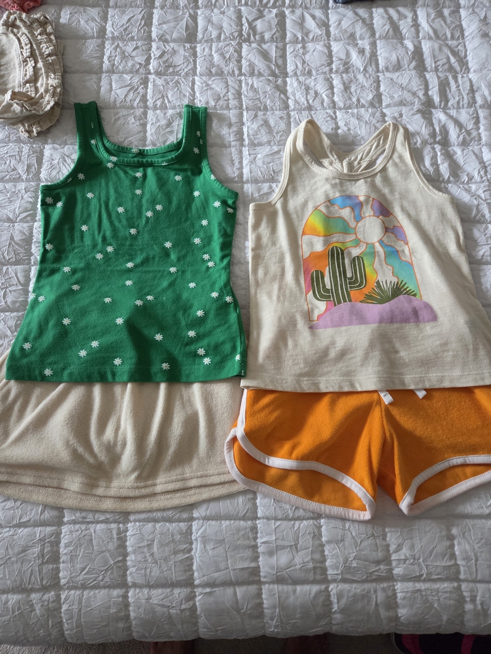 Green Daisy Tank & Cream Graphic Tank with Orange Shorts Set